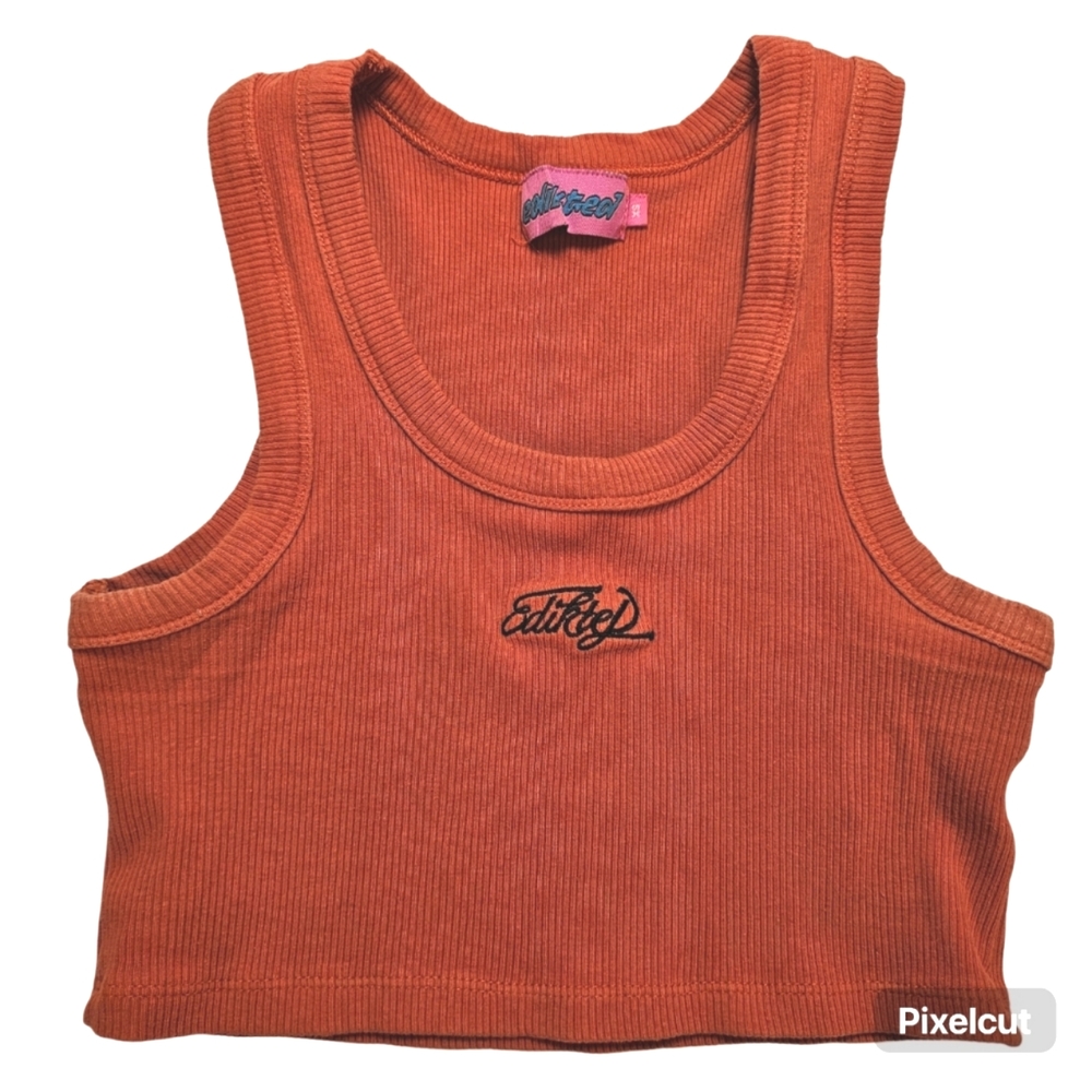 👍Edikted orange embroidered ribbed stretch cotton knit crop tank top sz XS US